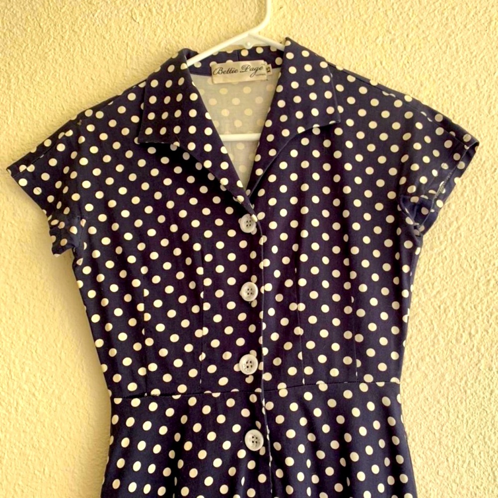 Bettie page polka dot rockabilly pinup button up dress fit and flare XS